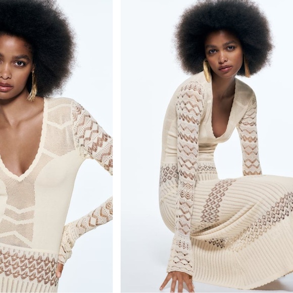 Zara Pointelle Knit Cream Lace Maxi Dress Size S - Picture 2 of 7